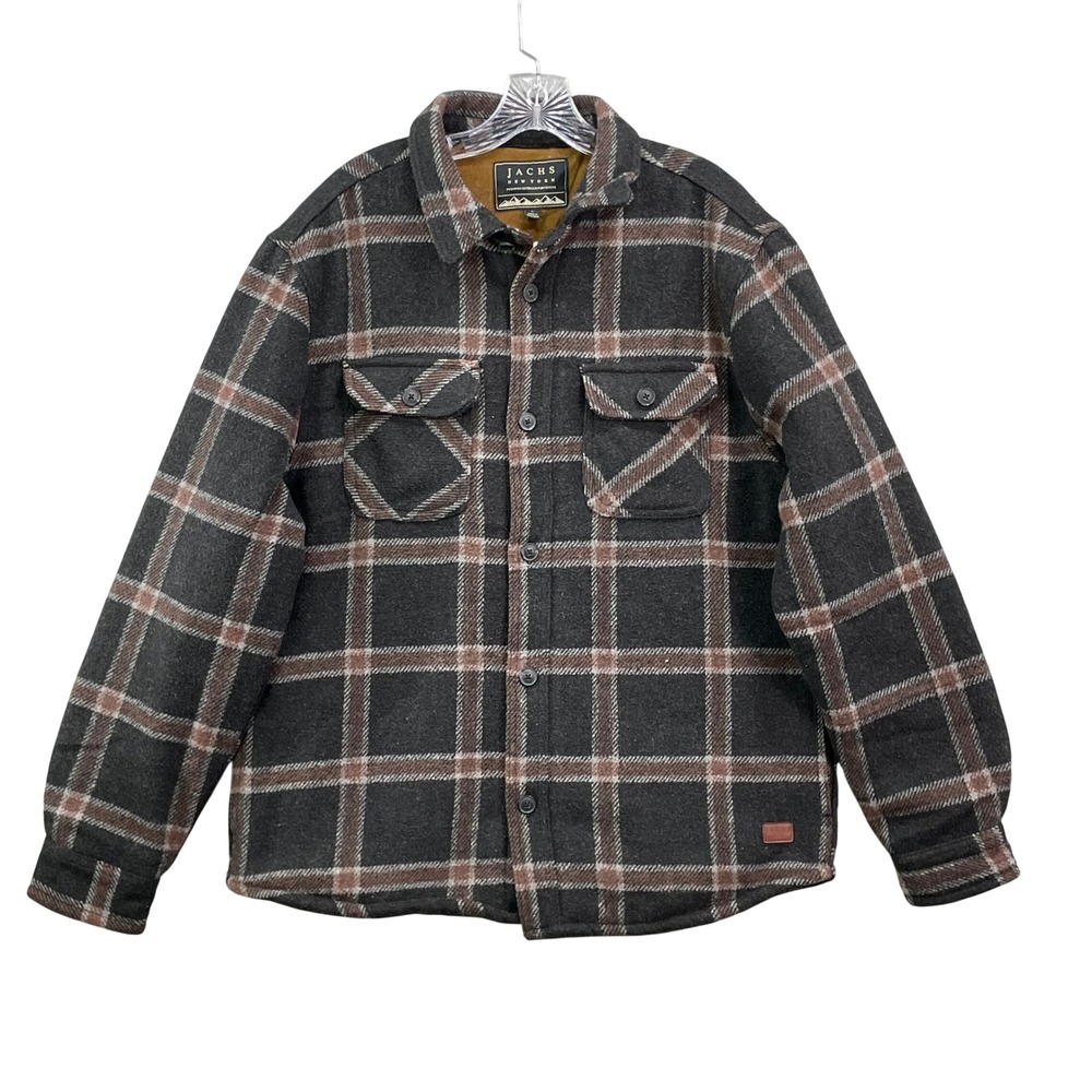 Jachs Flannel Shirt Jacket Men's L Gray Brown Plaid Sherpa Lined Wool Blend Coat